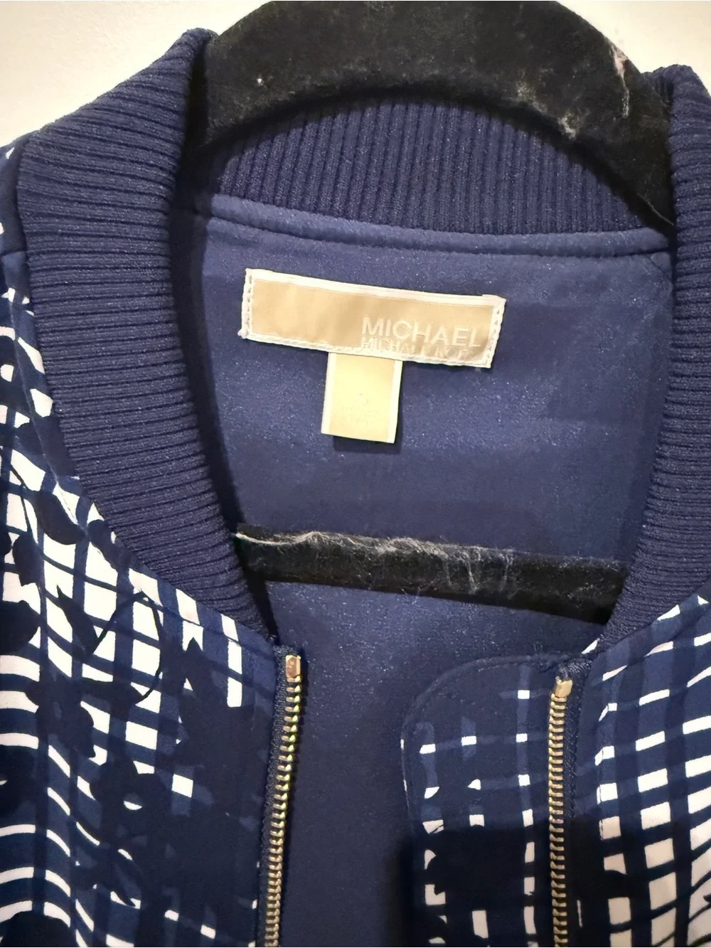 Michael Kors Navy and White Grid-Print Bomber Jacket
